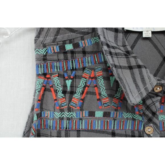 Miss Me Shirt Dress Medium Gray Embroidered Ombre Boho Flannel High Low Tunic - Picture 3 of 7
